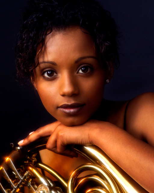 Beauty Model leaning on French Horn Image