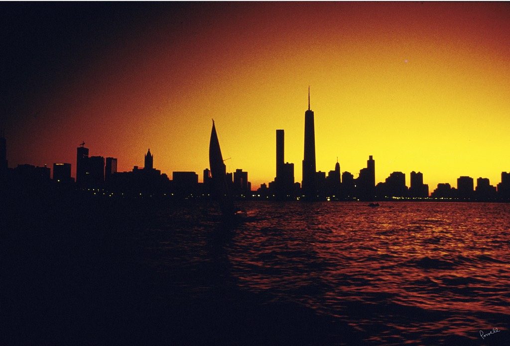 Dusk Image of Chicago Skyline from out in Lake Michigan